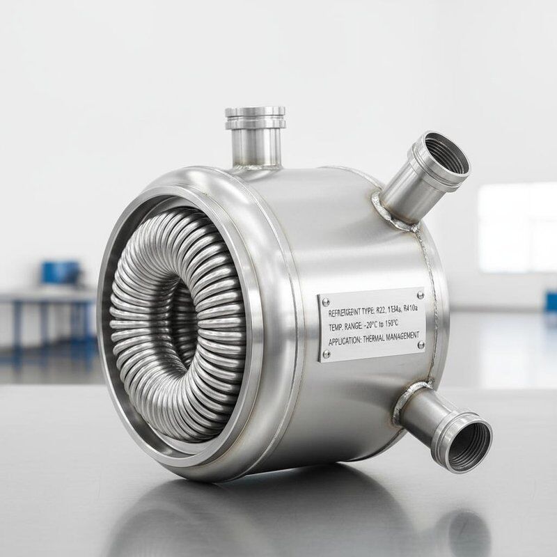 Trocador de calor coaxial de torção espiral com tinta antiferrugem preta em spray e potência de 0,5 ~ 100 KW para gerenciamento térmico eficiente