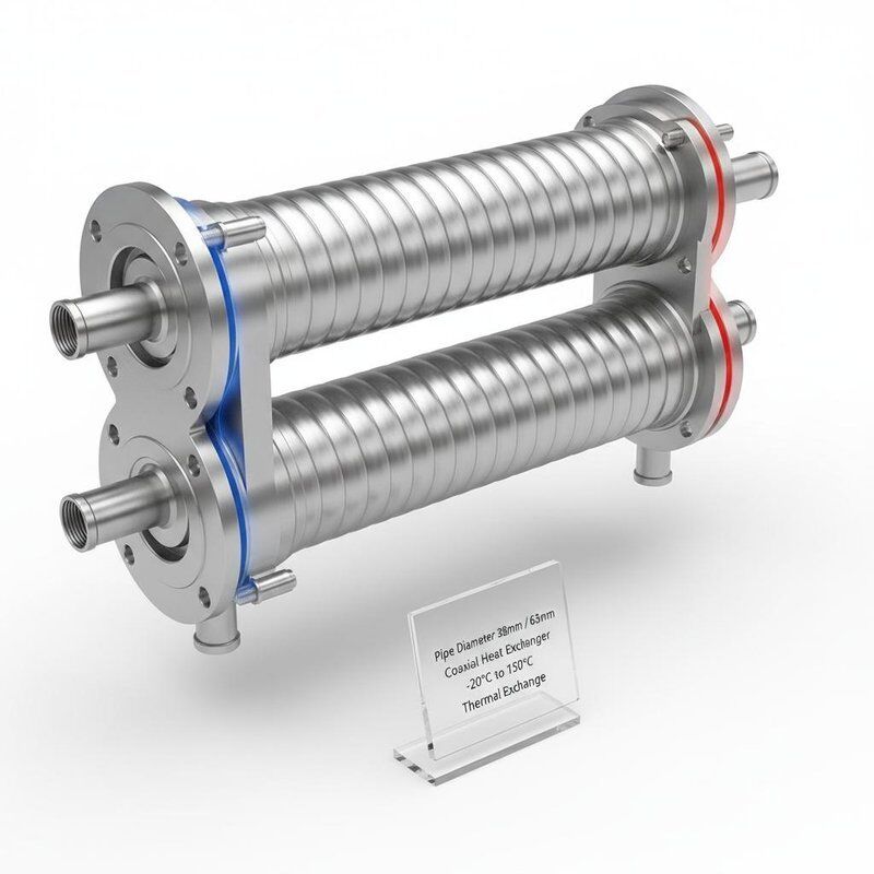 Trocador de calor coaxial com construção de tubo torcido em espiral para alta resistência à corrosão e diâmetro de tubo de 38 mm/63 mm